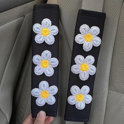 Ice Silk Pink Flower Seat Belt Shoulder Pads - 2pcs Car Safety Set