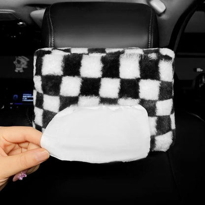 Plush Chessboard Car Headrest Tissue Holder Visor Hanging Organizer