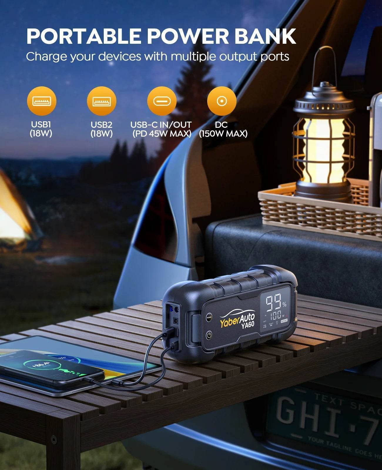 6000A Super Jump Starter with 3.3" LED Display – 12V Car Battery Booster, 150W DC Output, 600LM Flashlight