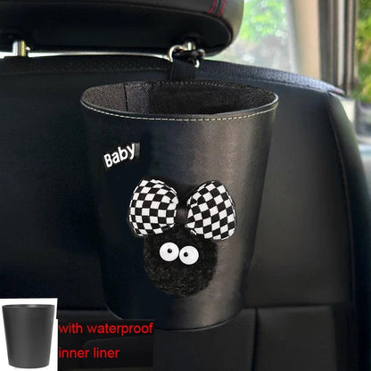 2pc Leather Car Trash Bin Cartoon Coal Ball Headrest Organizer Bag