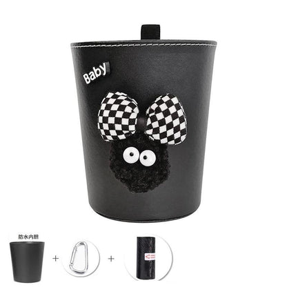 2pc Leather Car Trash Bin Cartoon Coal Ball Headrest Organizer Bag