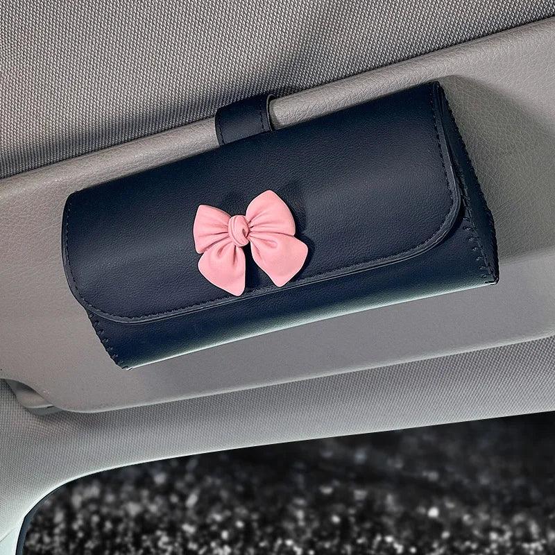 Diamond Bow Leather Car Sunglasses Holder Universal Storage Case