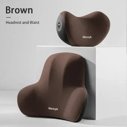 AutoComfort Memory Foam Headrest Lumbar Support Set Car Seat Cushion - 1 set Brown