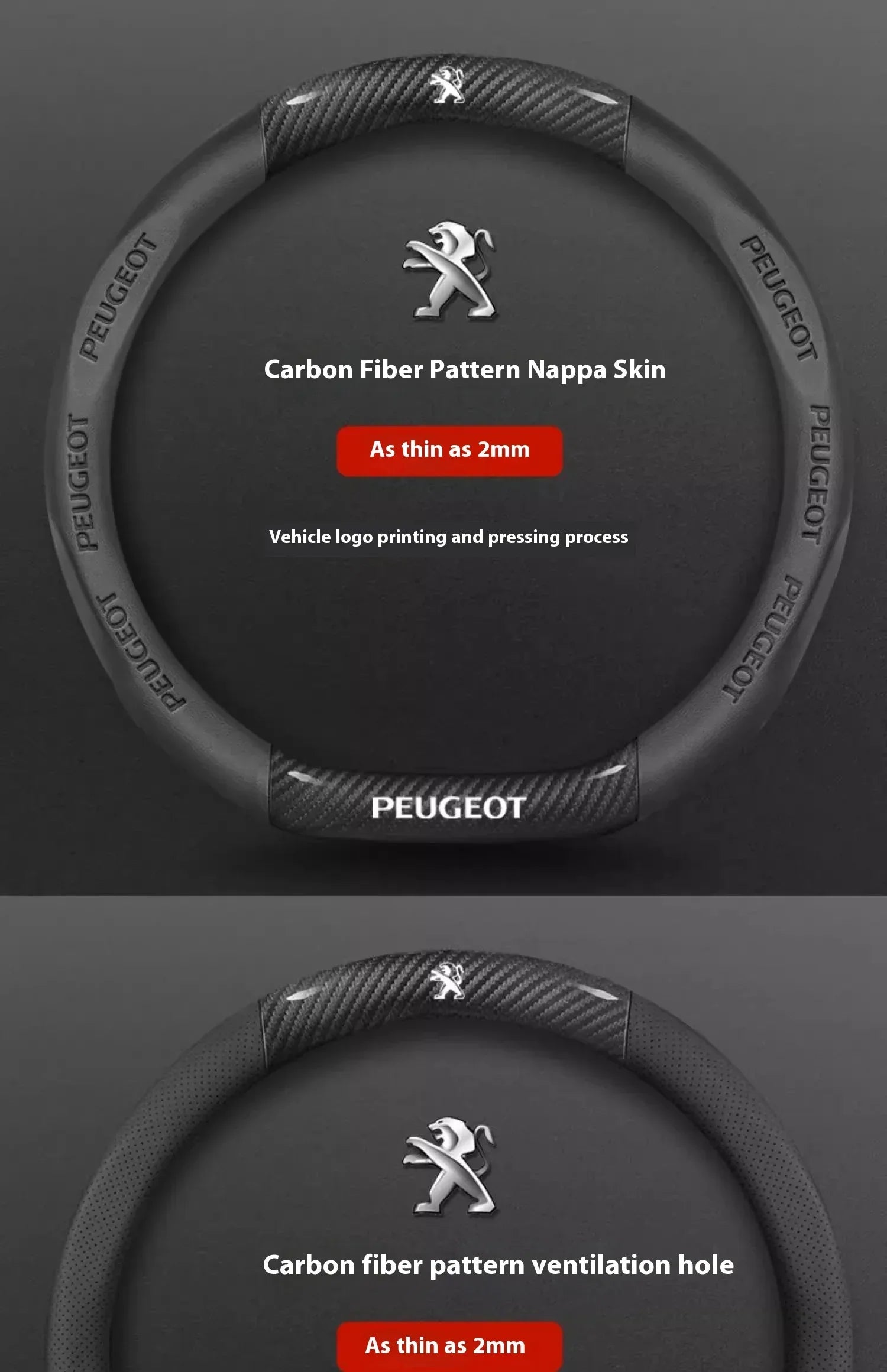 Peugeot Carbon Fiber Leather Steering Wheel Cover - Red Leather