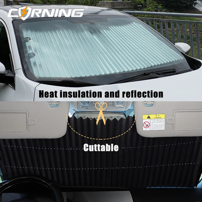 Retractable Car Windshield Sunshade with Suction Cups, Front & Rear UV Blocking Foldable Sun Shade