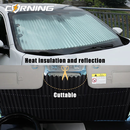 Retractable Car Windshield Sunshade with Suction Cups, Front & Rear UV Blocking Foldable Sun Shade