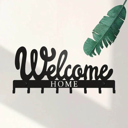 Black Metal Wall Key Holder – WELCOME Design with 8 Hooks - A