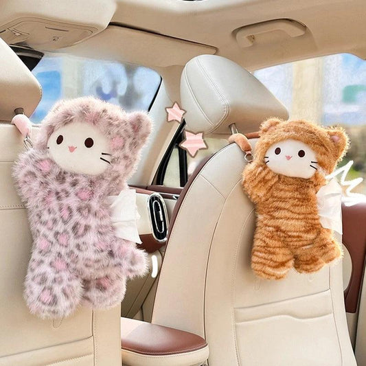 Leopard Print Cat Plush Universal Car Tissue Holder Hanging Doll