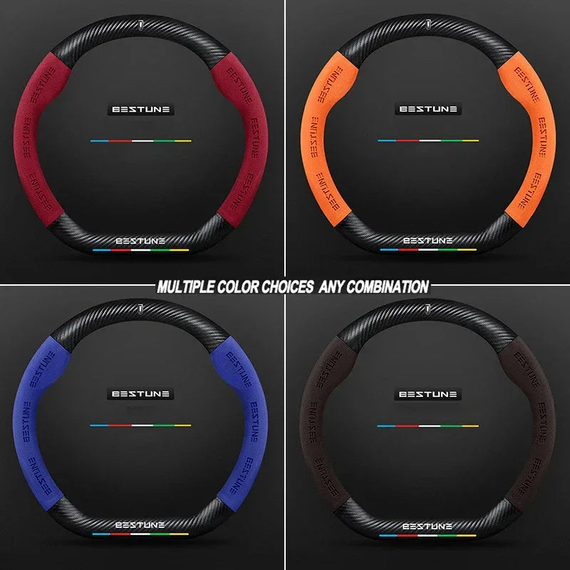 FAW Besturn Carbon Fiber Suede Steering Wheel Cover - D Black-Carbon+Suede