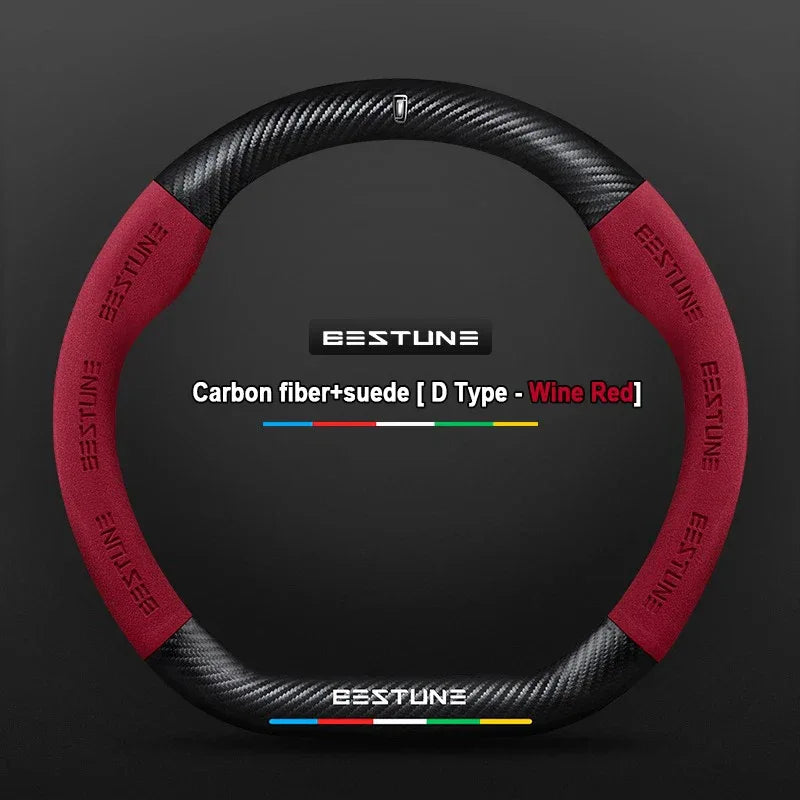 FAW Besturn Carbon Fiber Suede Steering Wheel Cover - D Red-Carbon+Suede