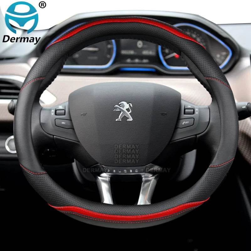 Peugeot Carbon Fiber Leather Steering Wheel Cover - Red