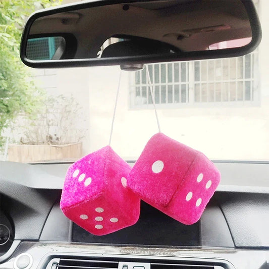 Fuzzy Dice Car Mirror Hanging Decoration – Soft Plush Rear View Ornament - White