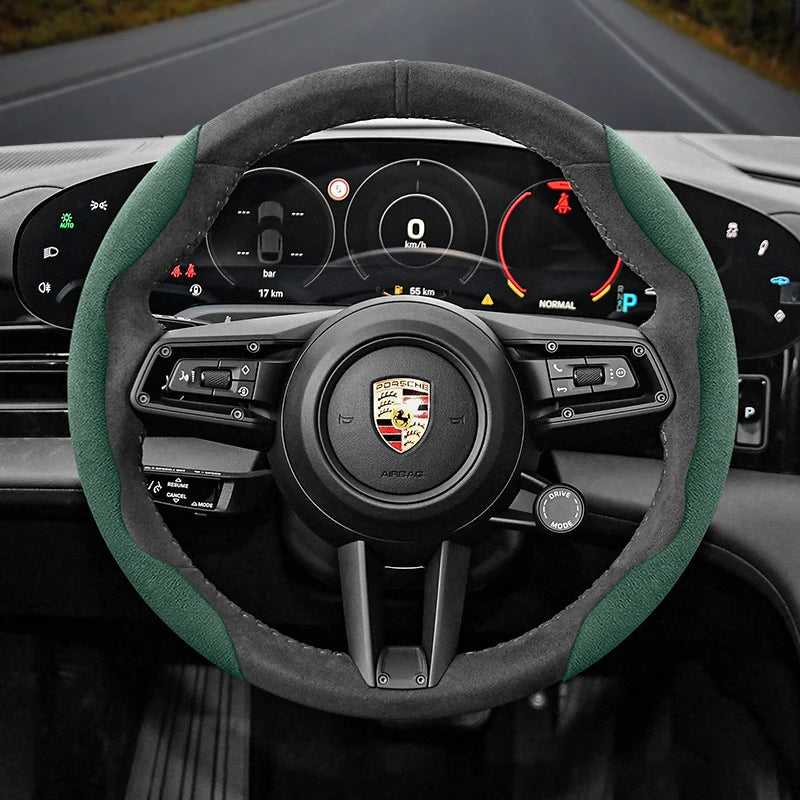 Porsche Suede Snap-On Steering Wheel Cover - Round Shape / 2-Piece Set / Green