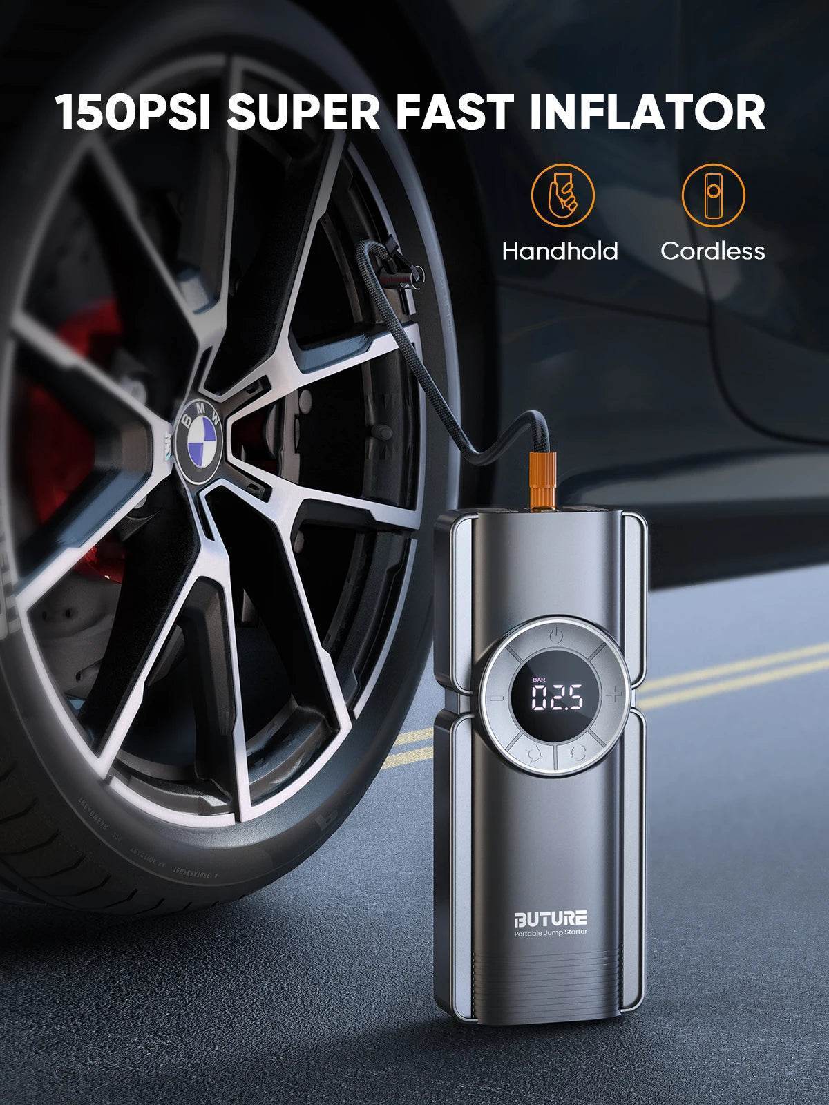 Buture 4-in-1 2500A Car Jump Starter – 150PSI Air Compressor, 20000mAh Power Bank, Digital Tire Inflator - 