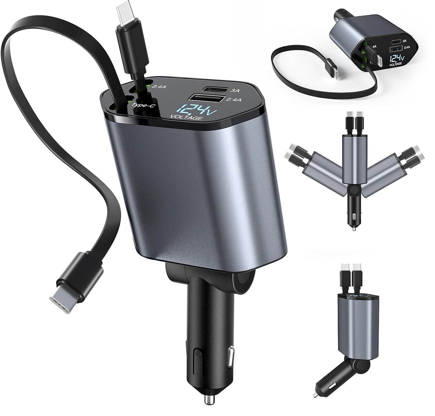 120W Fast Car Charger 4-in-1 with Retractable Cable, Dual USB & Dual Type-C – Universal Compatibility - 