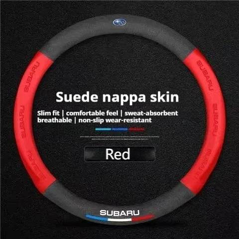 Subaru Steering Wheel Cover | Suede Leather 3D Logo - Red