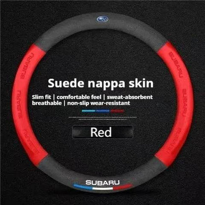 Subaru Steering Wheel Cover | Suede Leather 3D Logo - Red