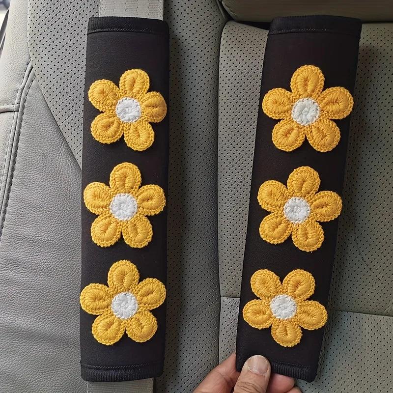 Ice Silk Flower Seat Belt Shoulder Pads - 2PC Cartoon Car Interior