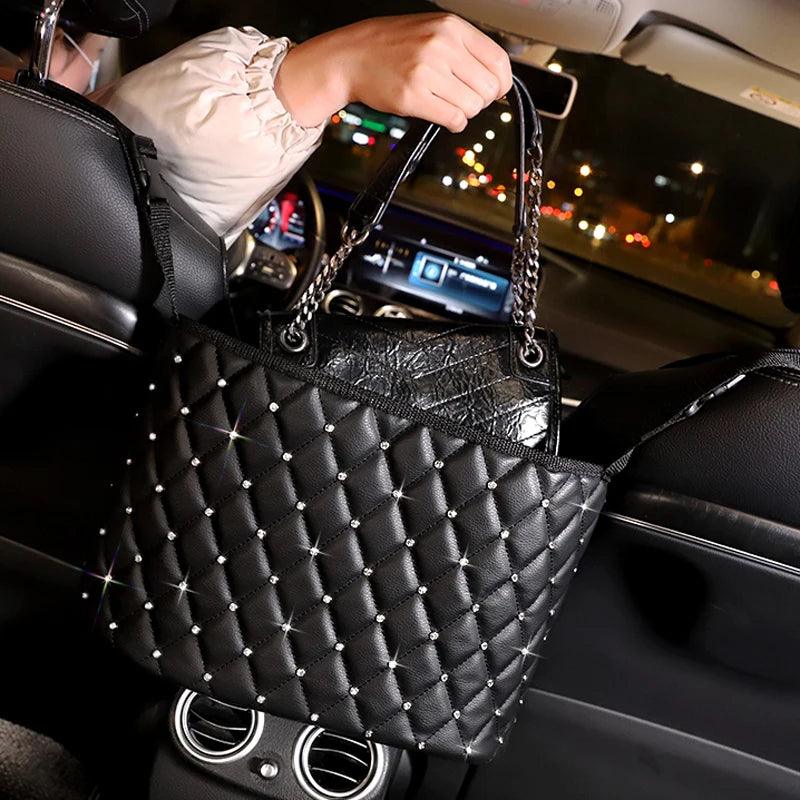 Rhinestone Diamond Leather Car Seat Back Storage Bag Crown Bling