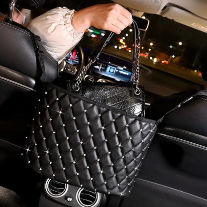 Rhinestone Diamond Leather Car Seat Back Storage Bag Crown Bling