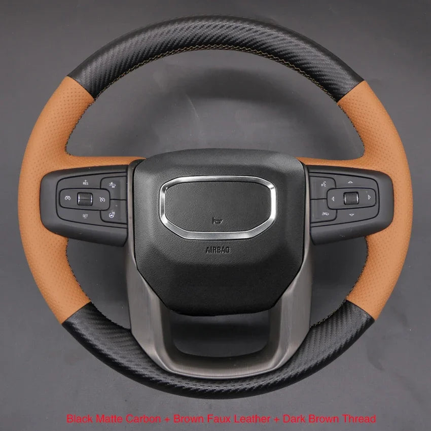 GMC Hand-Stitched Steering Wheel Cover - Round Shape / Faux Carbon Leather (Style 2)