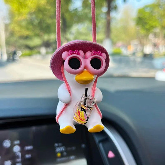 Pink Anime Duck Car Mirror Pendant - Cute Swing Ornament Auto Decor