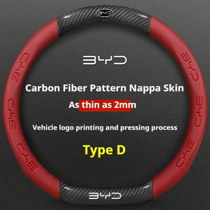 BYD Carbon Fiber Leather Steering Wheel Cover - D Red Carbon Fiber