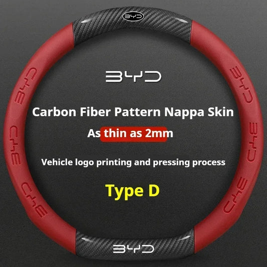 BYD Carbon Fiber Leather Steering Wheel Cover - D Red Carbon Fiber