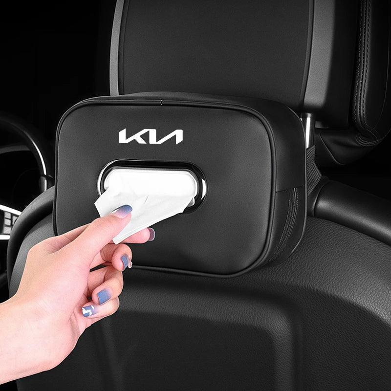 KIA Leather Tissue Box Holder & Back Seat Storage Bag - Black
