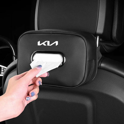 KIA Leather Tissue Box Holder & Back Seat Storage Bag - Black