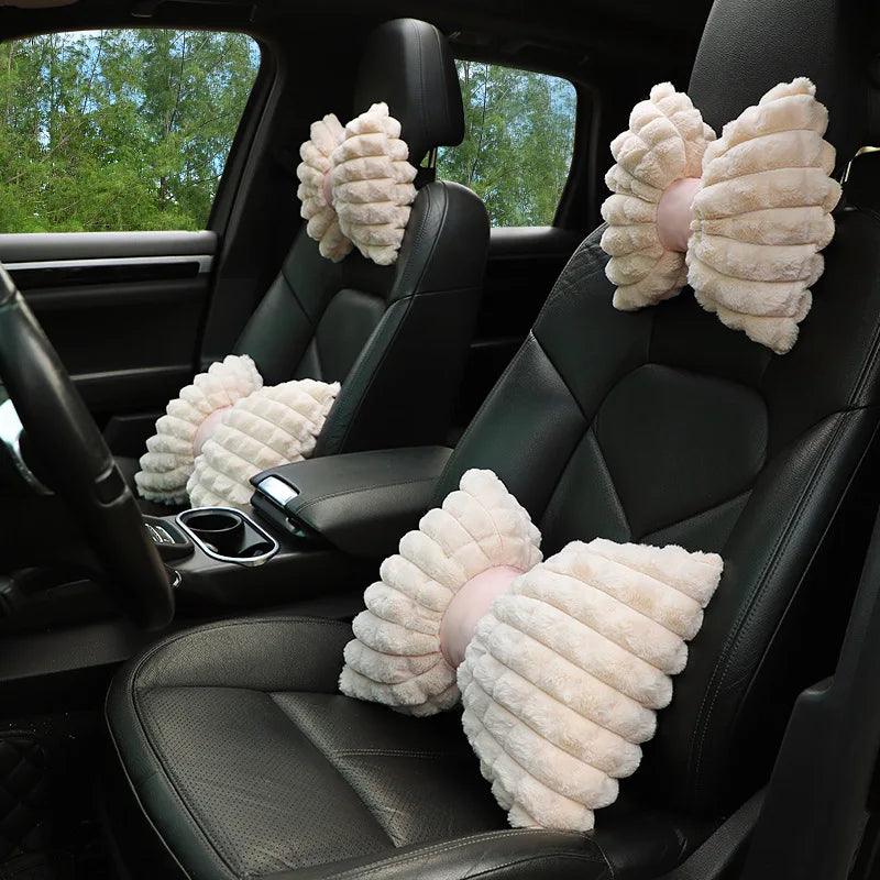 Cute Bow Car Neck Pillow Plush Headrest Cartoon Design Interior