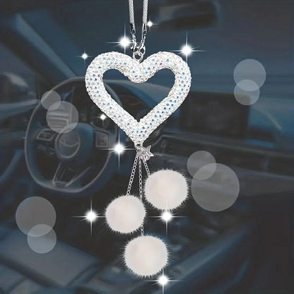 Diamond Bling Pom Pom Car Mirror Pendant - Luxury Auto Ornament Gift