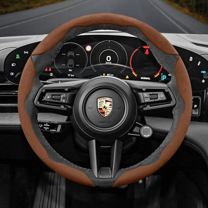 Porsche Suede Snap-On Steering Wheel Cover - Round Shape / 3-Piece Set / Brown