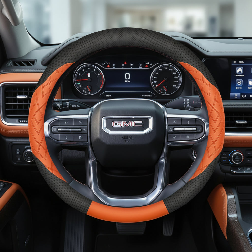 GMC Leather Steering Wheel Cover - Round Shape / Orange
