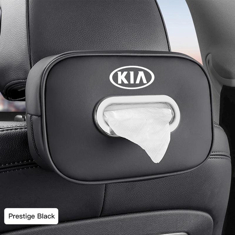 KIA Leather Tissue Box Holder & Back Seat Storage Bag - Black - KIA
