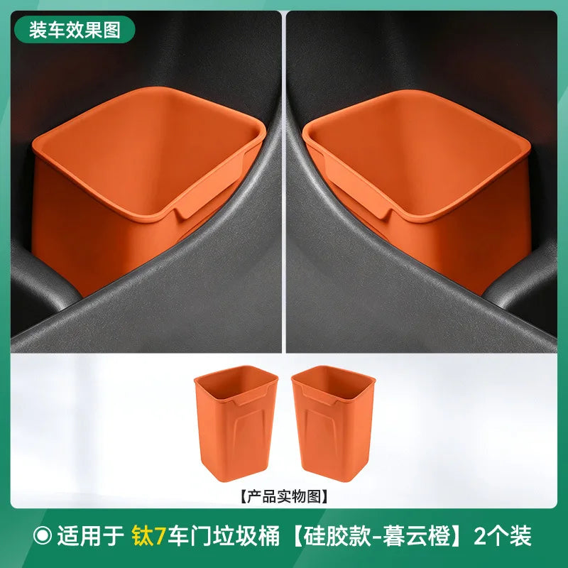 BYD Ti7 Silicone Car Trash Can and Umbrella Holder - Orange-2Pcs Set