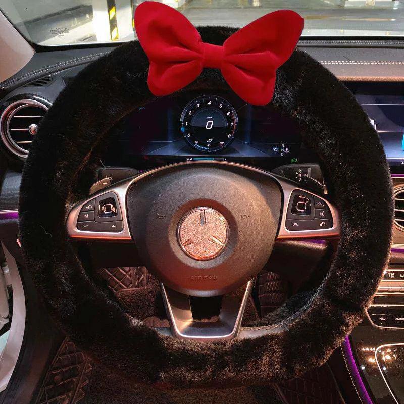 Universal Plush Car Steering Wheel Cover Red Bow Cute Cartoon