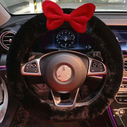 Universal Plush Car Steering Wheel Cover Red Bow Cute Cartoon