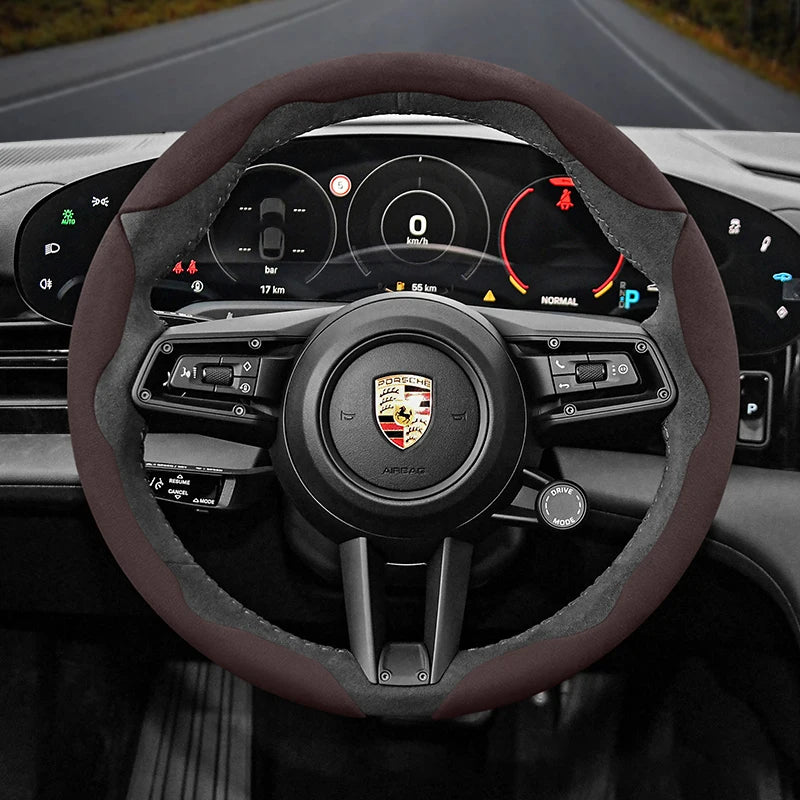 Porsche Suede Snap-On Steering Wheel Cover - Round Shape / 3-Piece Set / Mocha