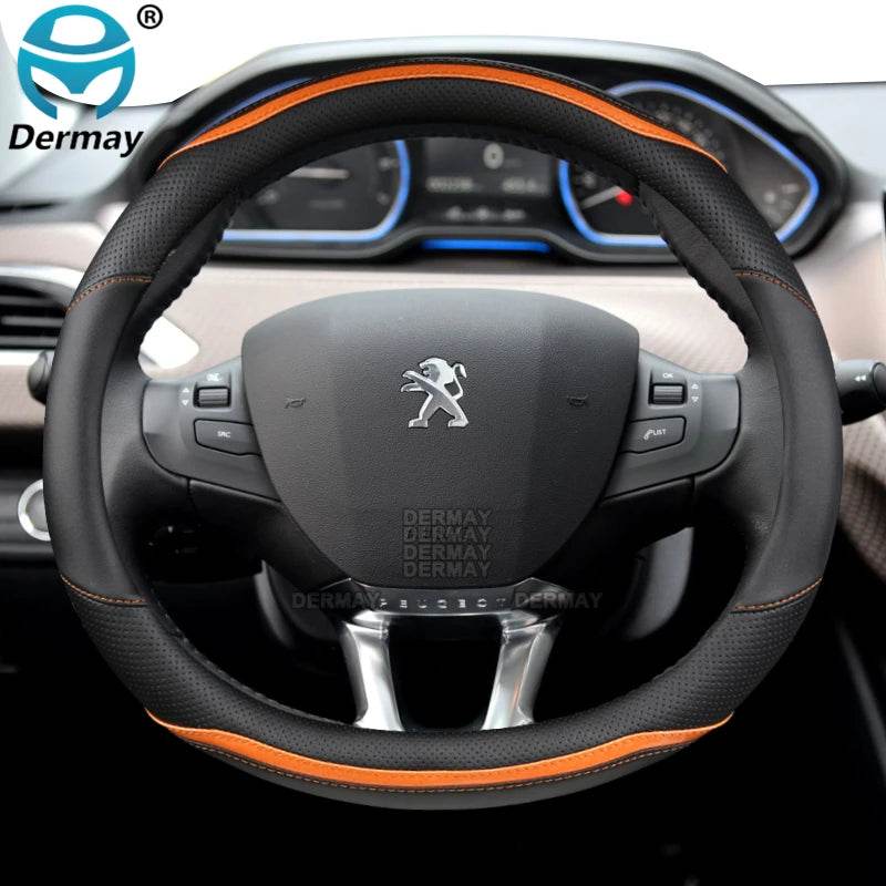 Peugeot Carbon Fiber Leather Steering Wheel Cover - Orange