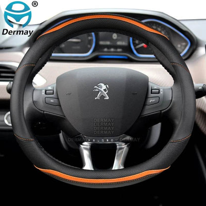 Peugeot Carbon Fiber Leather Steering Wheel Cover - Orange