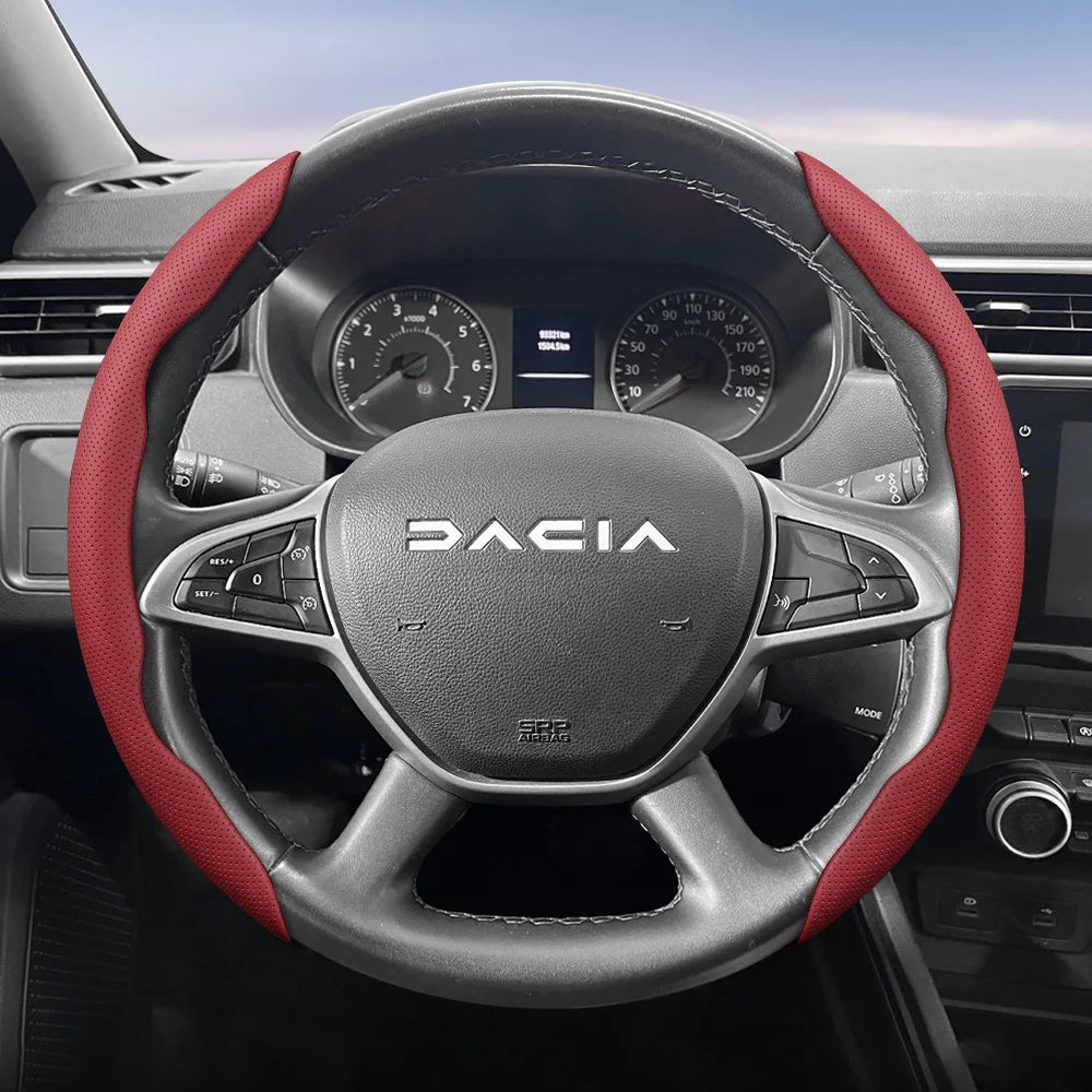 Dacia Breathable Leather Steering Wheel Cover - Round Shape / 2-Piece Set / Red
