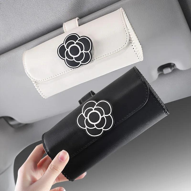 Camellia Leather Car Sunglasses Holder Universal Visor Storage Case