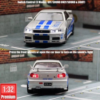 Nissan Skyline GTR R34 – 1:32 Diecast Car Toy with Light & Sound - Standard Silver