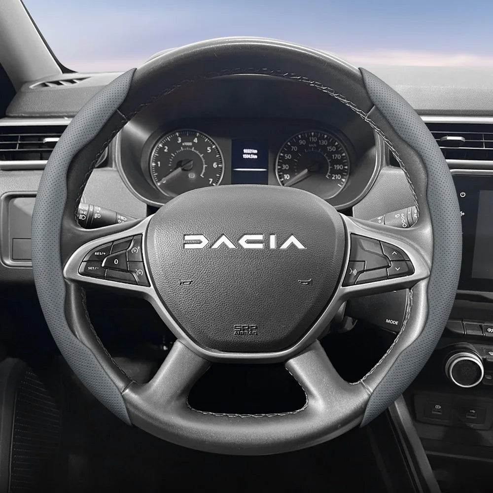 Dacia Breathable Leather Steering Wheel Cover - Round Shape / 2-Piece Set / Grey