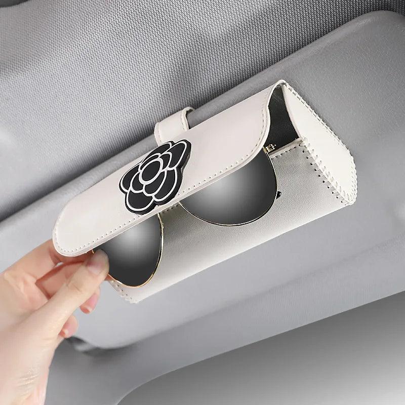 Camellia Leather Car Sunglasses Holder Universal Visor Storage Case