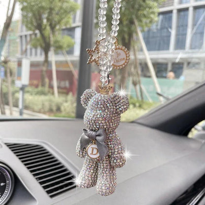 Diamond Crystal Bow Bear Car Mirror Pendant - Bling Auto Ornament