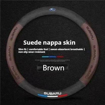 Subaru Steering Wheel Cover | Suede Leather 3D Logo - Brown