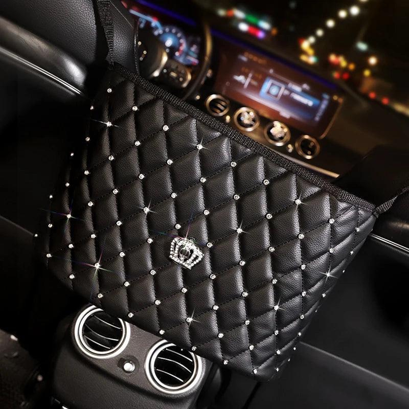 Rhinestone Diamond Leather Car Seat Back Storage Bag Crown Bling