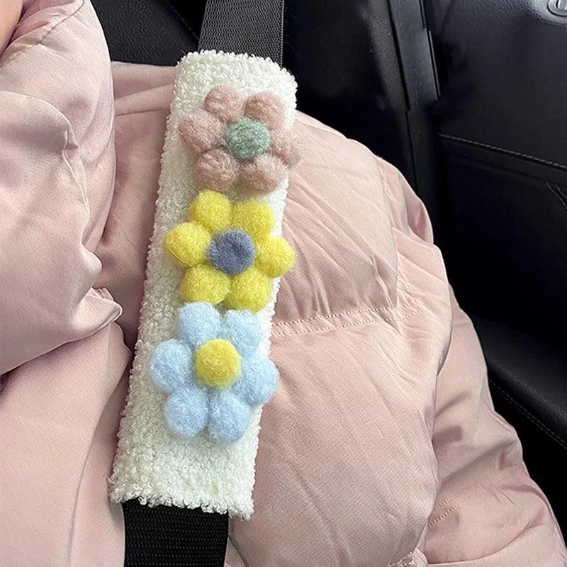 Plush Lamb Car Seat Belt Shoulder Pads - Soft Flower Design